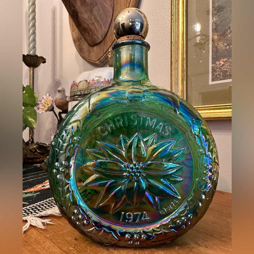 Vintage Iridescent Green Carnival Glass Christmas Poinsettia Bottle - 1974